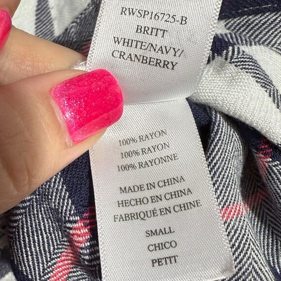 Rails Britt Plaid short sleeve rolled cuff rayon blouse white navy pink small - Picture 7 of 8